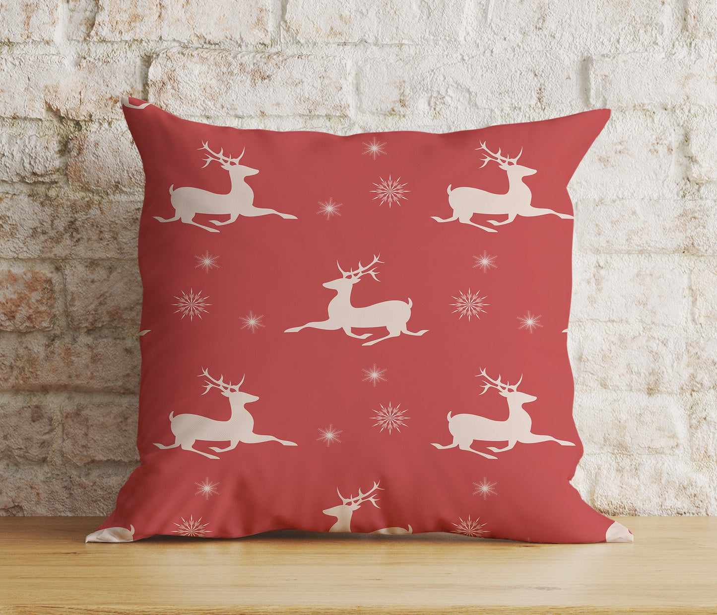 Gold Red and White Xmas Reindeer Snowflakes Cushion Cover