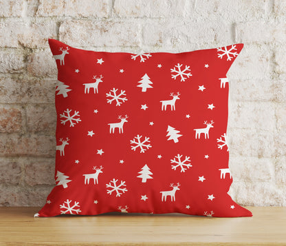 Gold Red and White Xmas Reindeer Snowflakes Cushion Cover