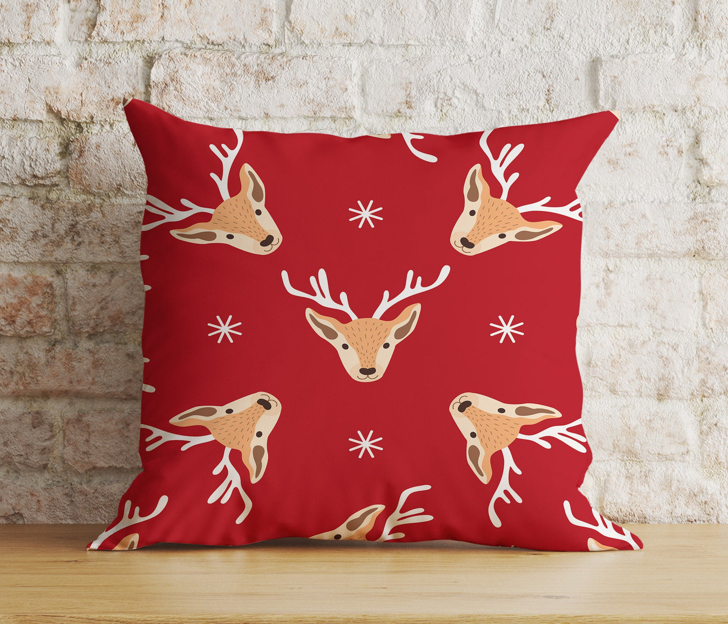 Gold Red and White Xmas Reindeer Snowflakes Cushion Cover