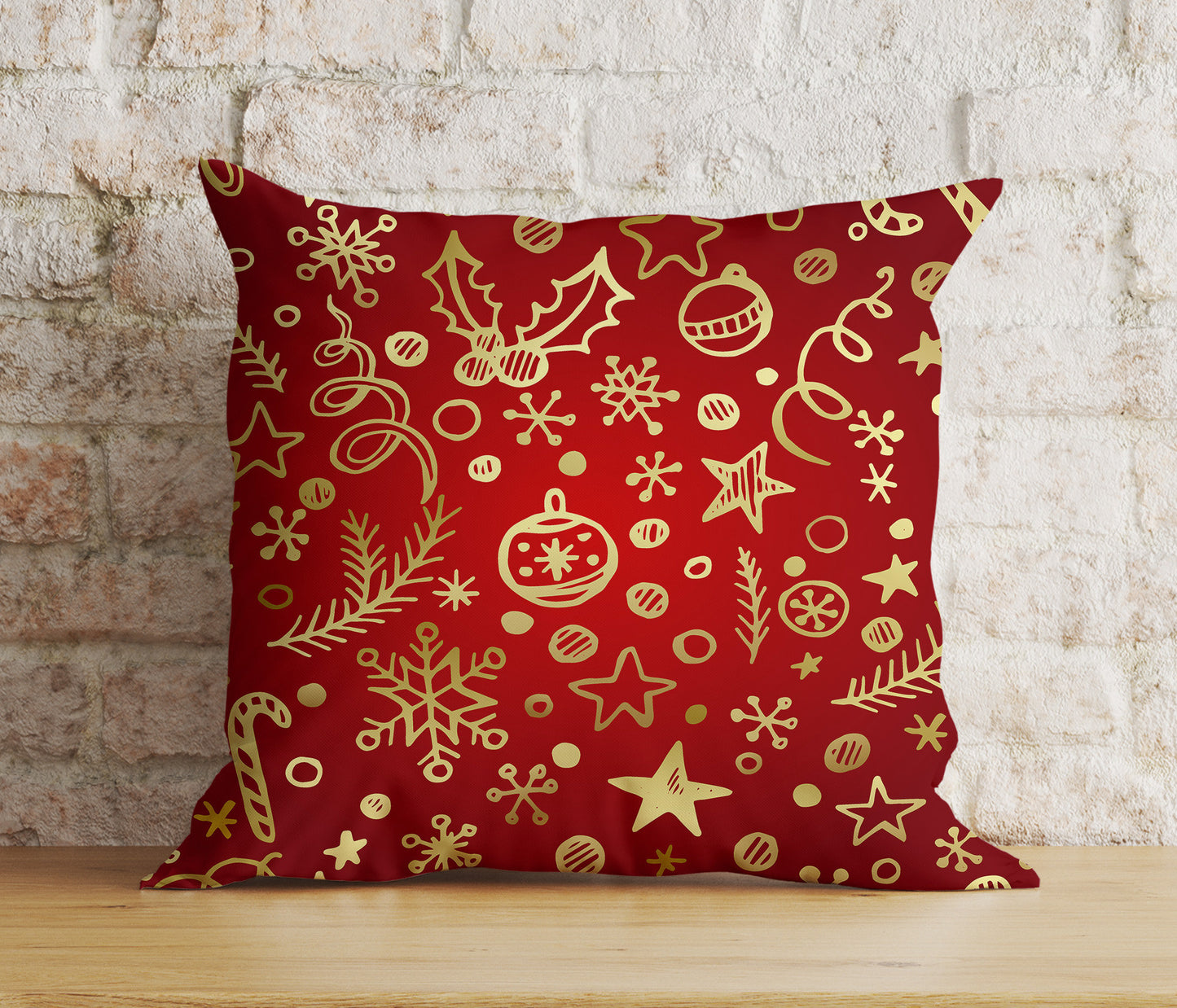 Christmas Holly and Candy Cane Reindeer Red Cushion Cover