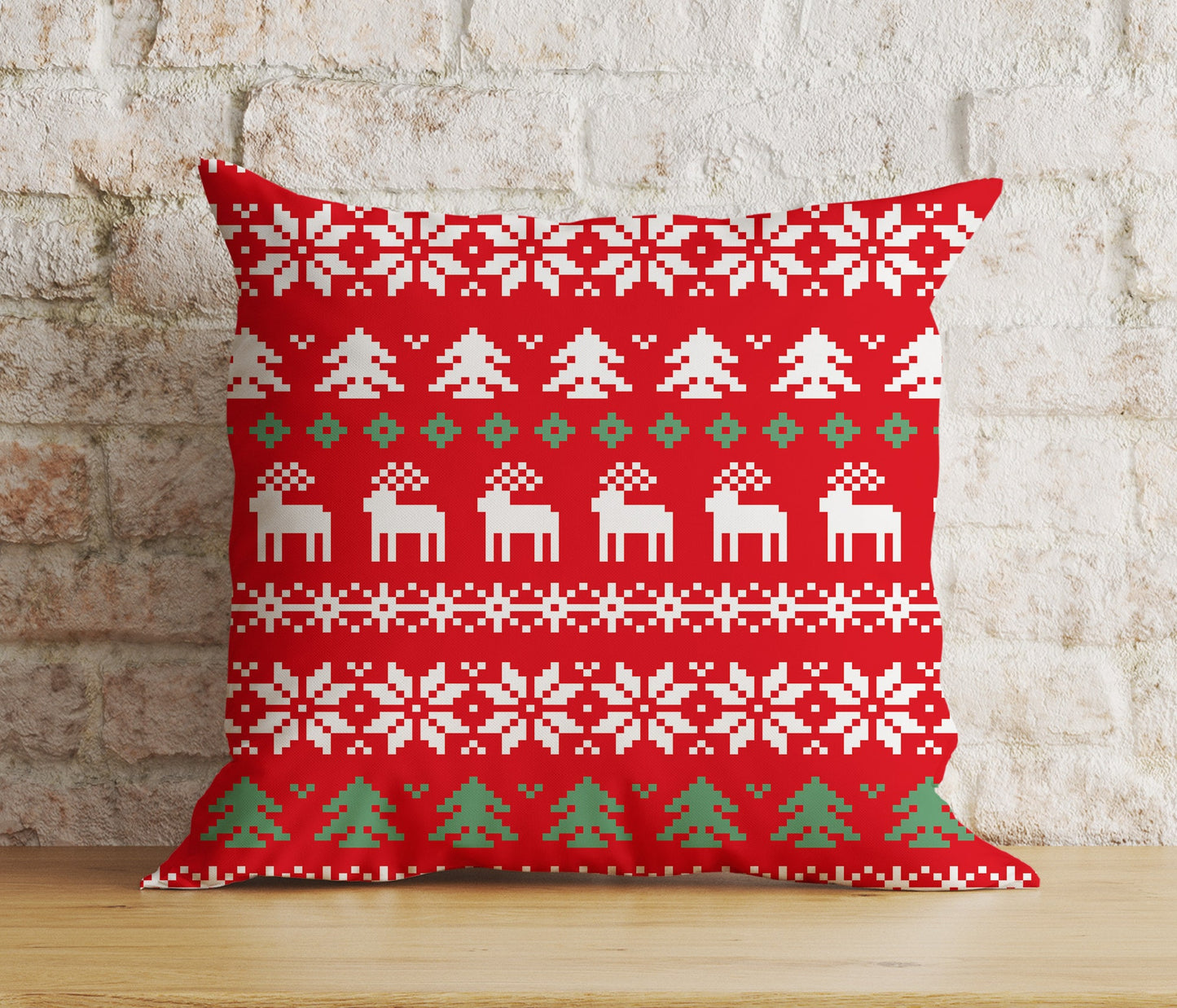 Christmas Holly and Candy Cane Reindeer Red Cushion Cover