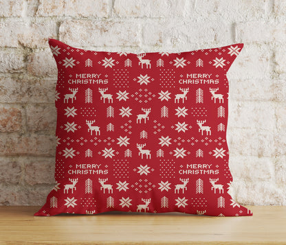 Merry Christmas Knitted Reindeer Red and White Cushion Cover