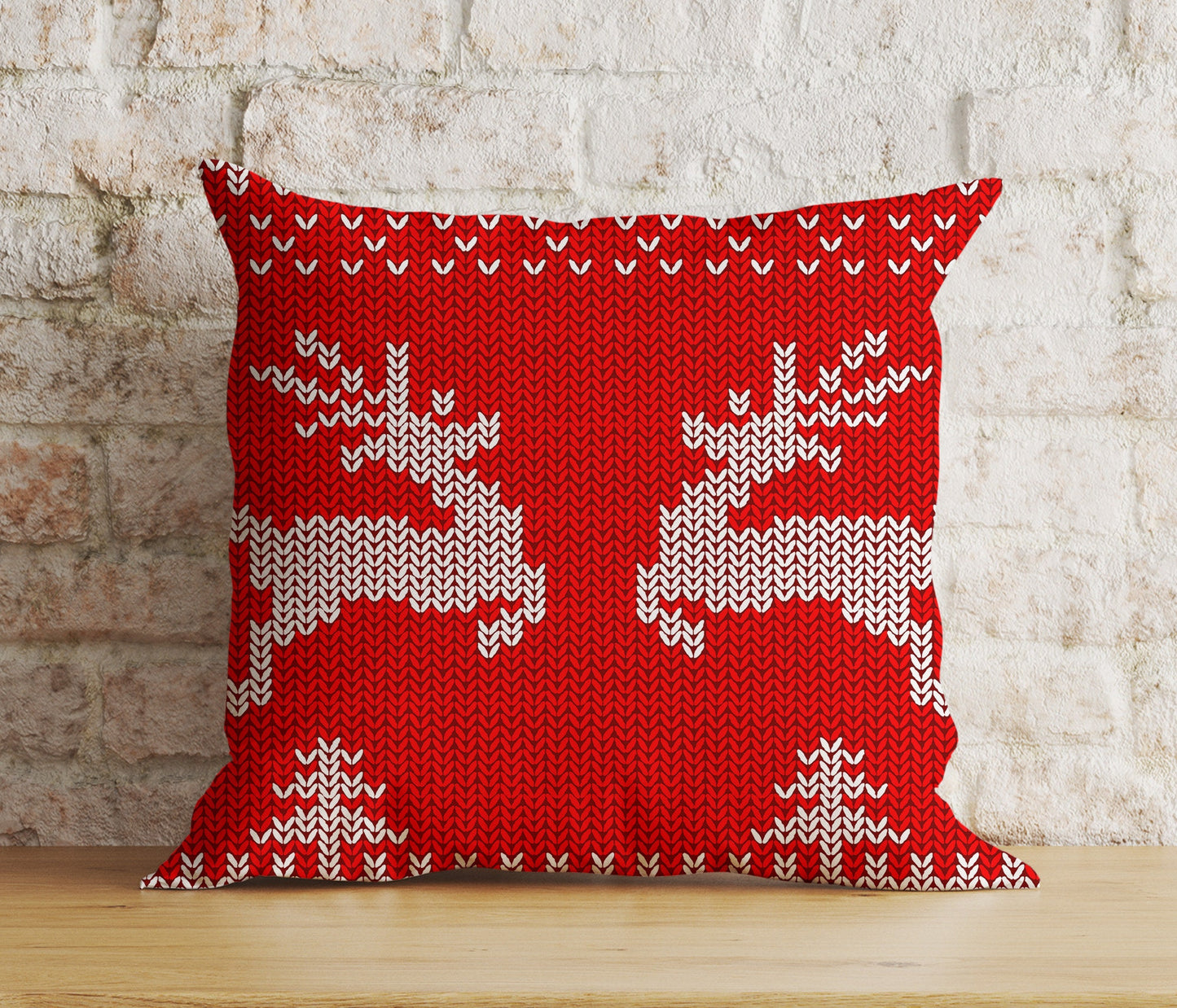 Merry Christmas Knitted Reindeer Red and White Cushion Cover