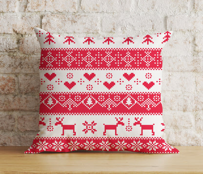 Merry Christmas Knitted Reindeer Red and White Cushion Cover