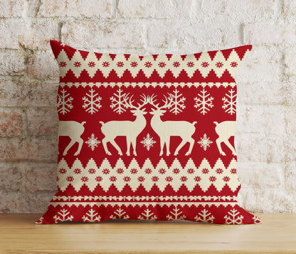 Merry Christmas Knitted Reindeer Red and White Cushion Cover