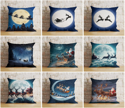 Santa's Sleigh Santa Claus Reindeer Winter Cushion Cover