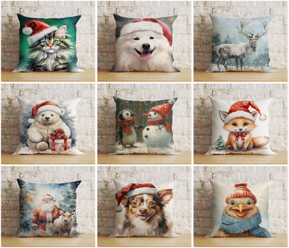 Christmas Cute Animal Cute Pets Santa Hats Cushion Covers