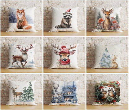 Christmas Cute Woodland Animal Winter Print Cushion Cover