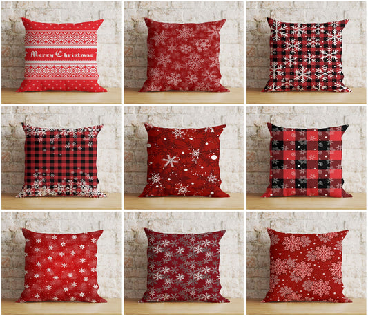 Christmas Rustic Plaid Snowflake Red Decor Cushion Cover