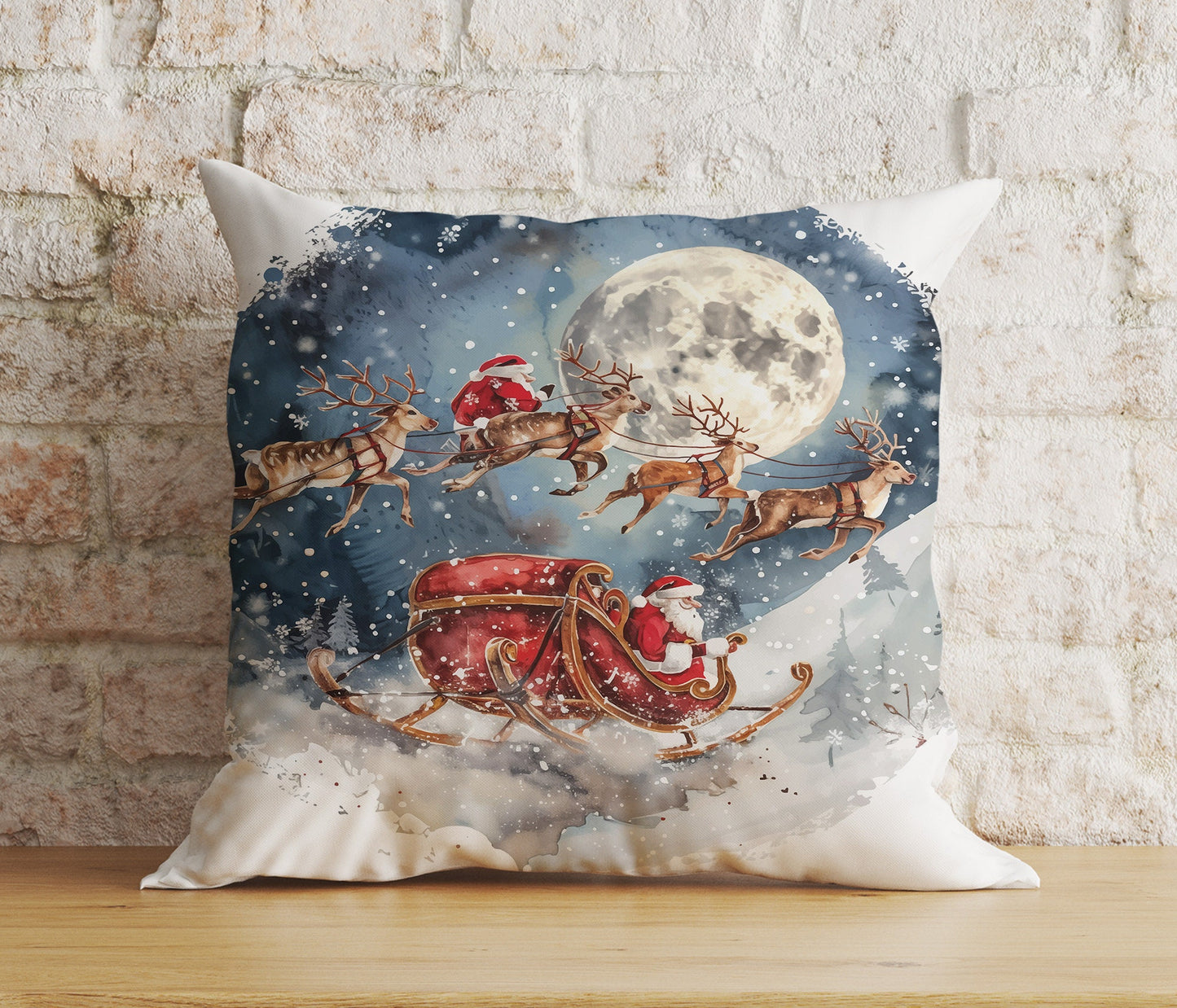 Santa's Sleigh Santa Claus Reindeer Print Cushion Cover