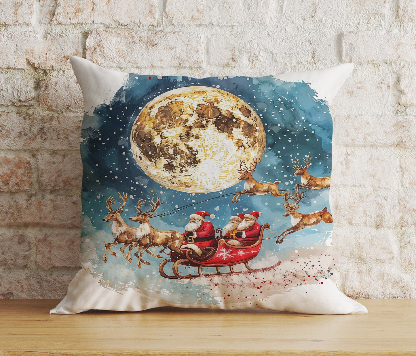 Santa's Sleigh Santa Claus Reindeer Print Cushion Cover