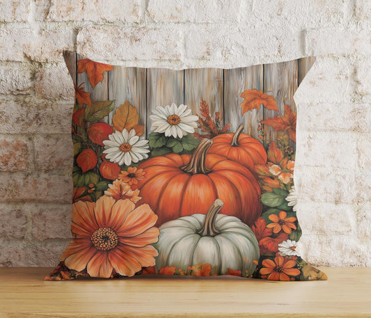 Fall Pillow Cover Autumn Pumpkin and Botanical Harvest Seasonal Outdoor Cushions