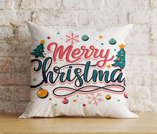 Merry Xmas Joyful Retro Red Green Lettering Cushion Cover