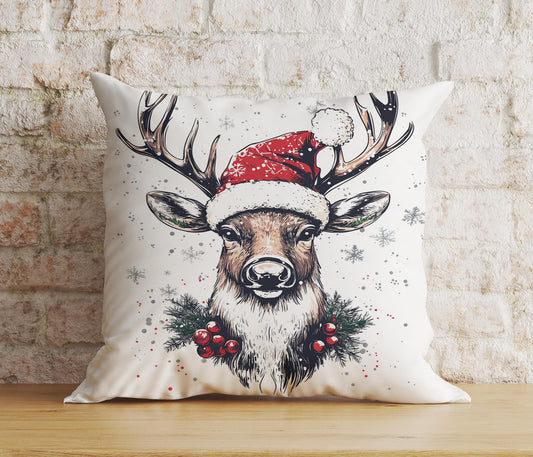 Deer Portrait Christmas Animal Design Cushion Cover