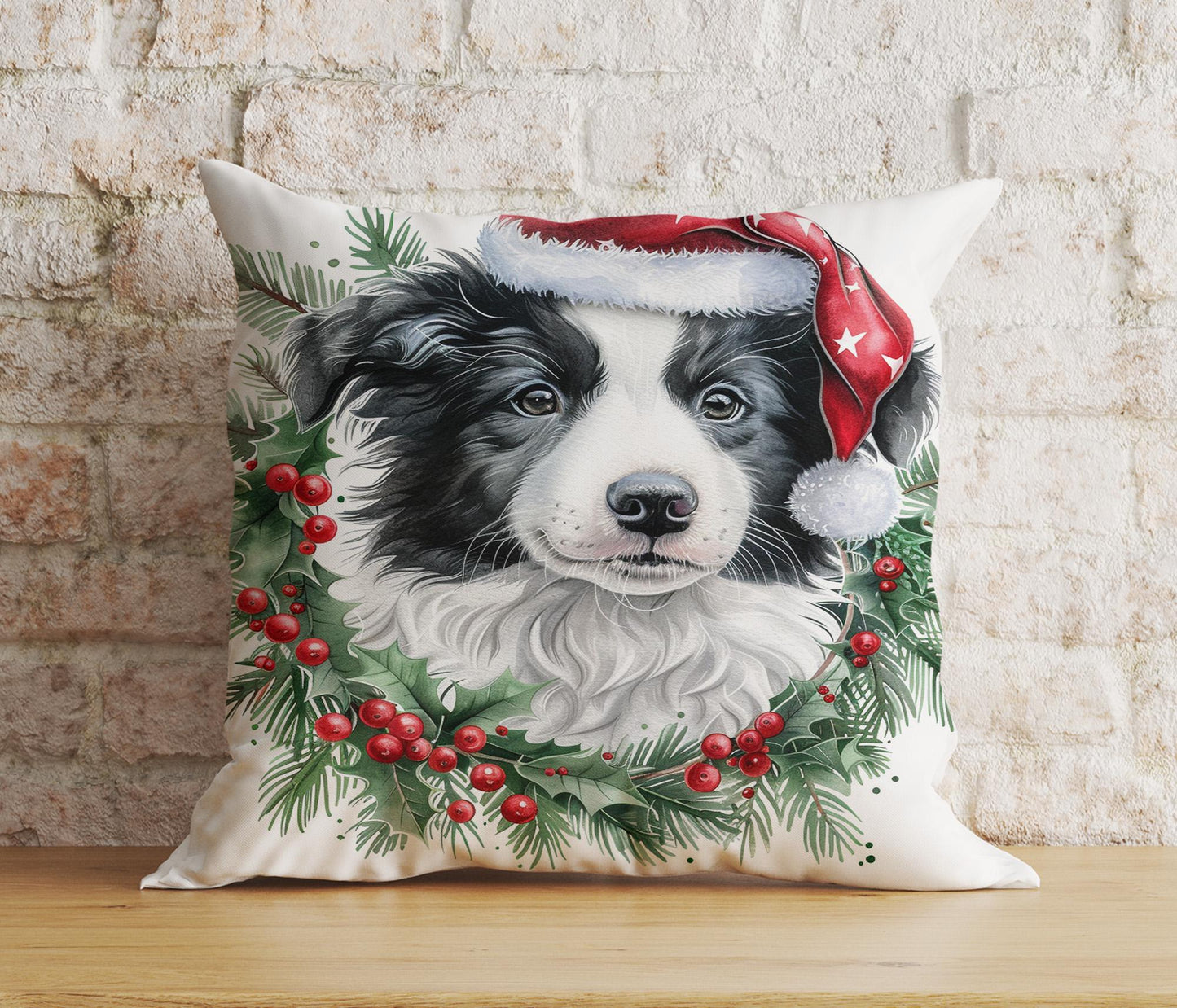 Cute Christmas Puppies Dogs Santa Hat Cushion Cover