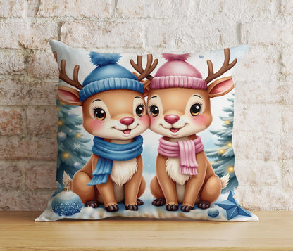 Cute Christmas Puppies Baby Deers Winter Cushion Cover