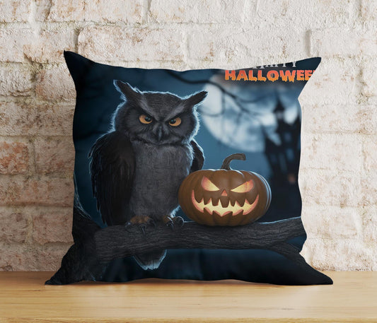 Happy Halloween Owl Pumpkin and Full Moon Cushion Cover