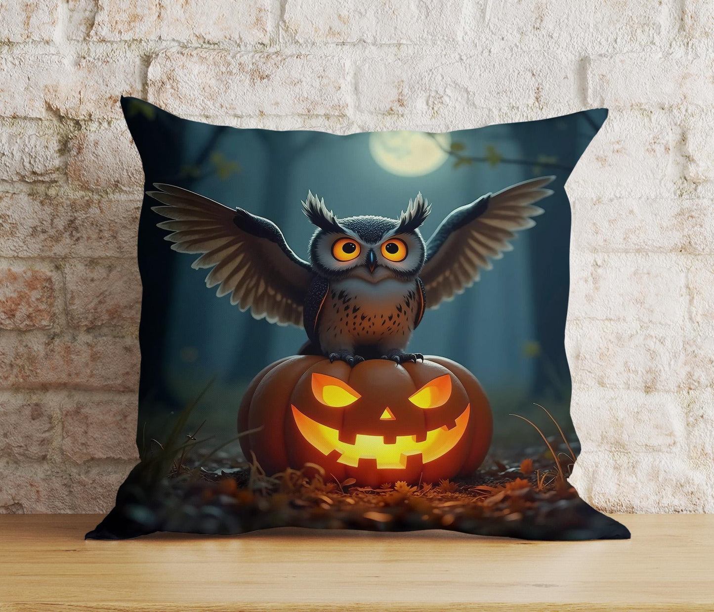 Happy Halloween Owl Pumpkin and Full Moon Cushion Cover