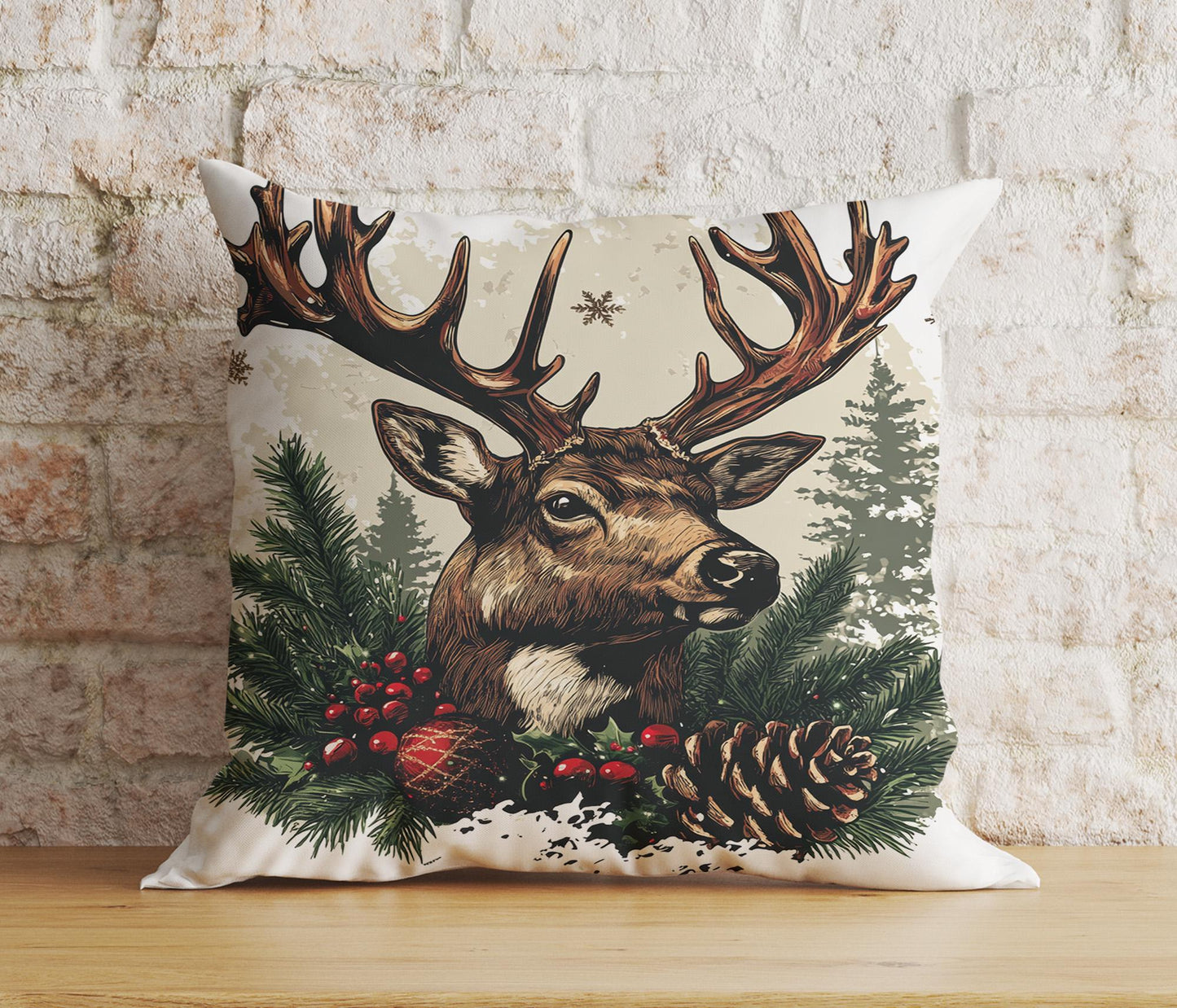 Deer Portrait Christmas Animal Design Cushion Cover