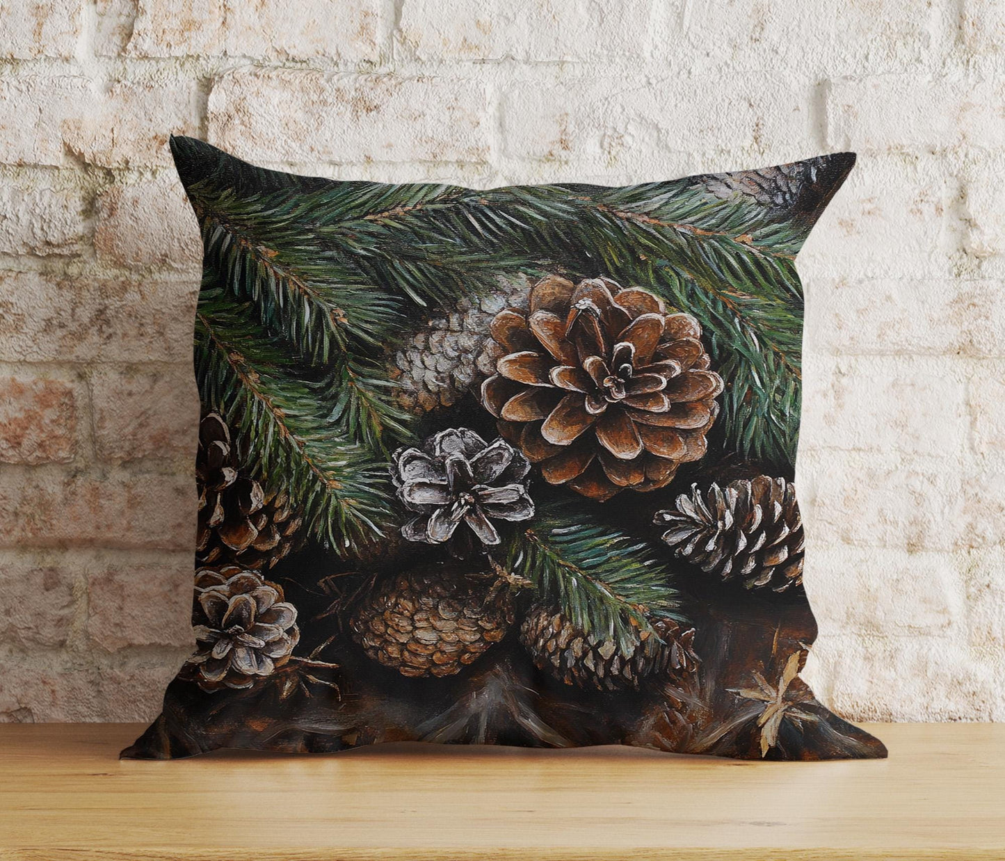 Xmas Pine Cone Pine Tree Branch Green Brown Cushion Cover