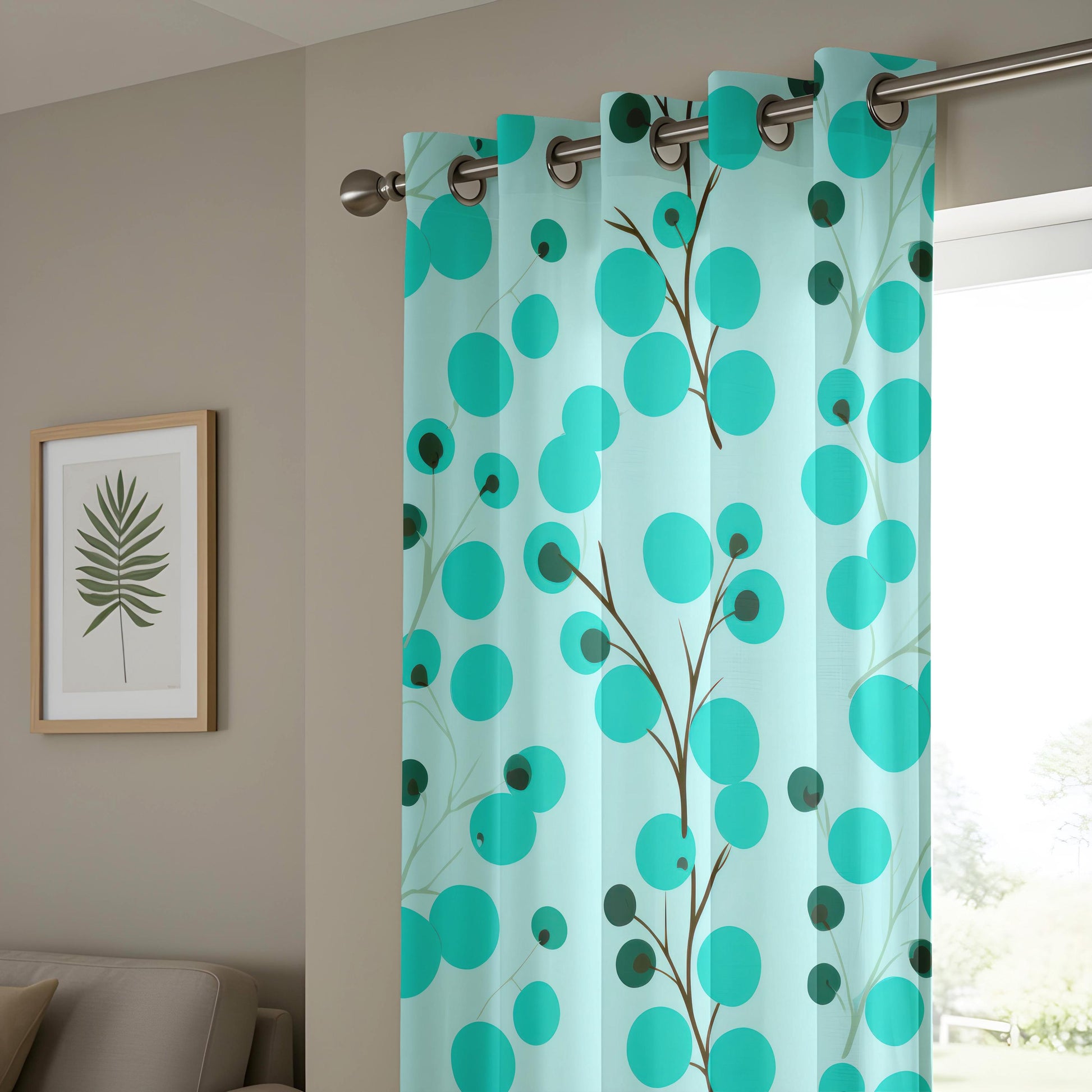 Onay Modern Teal Botanical Window Curtains – Abstract Berries Print