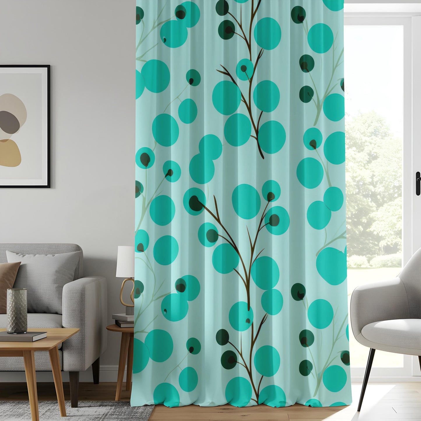 Onay Modern Teal Botanical Window Curtains – Abstract Berries Print