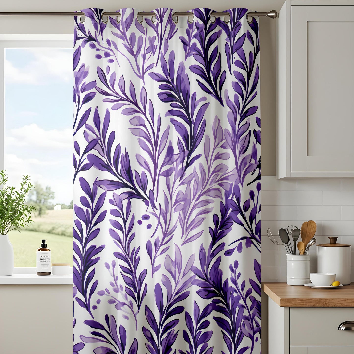 Elegant Purple Floral Curtains for Living Room, Abstract Purple Curtains