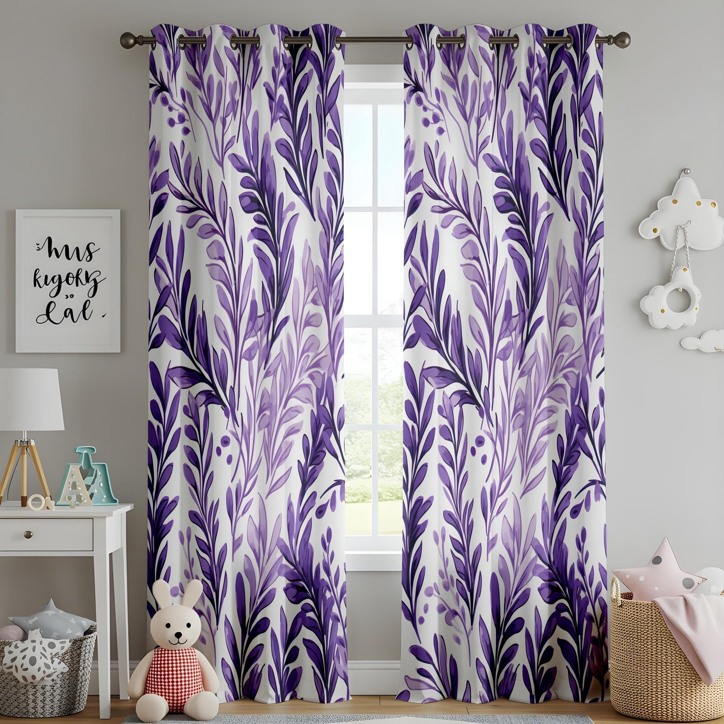 Elegant Purple Floral Curtains for Living Room, Abstract Purple Curtains