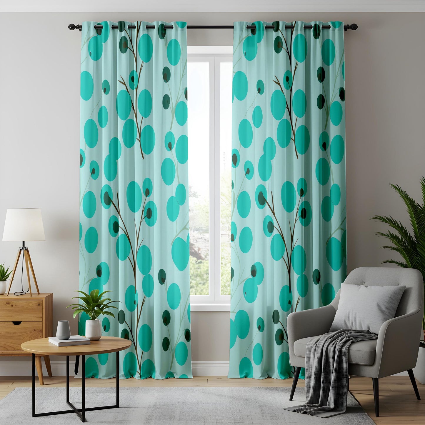 Onay Modern Teal Botanical Window Curtains – Abstract Berries Print