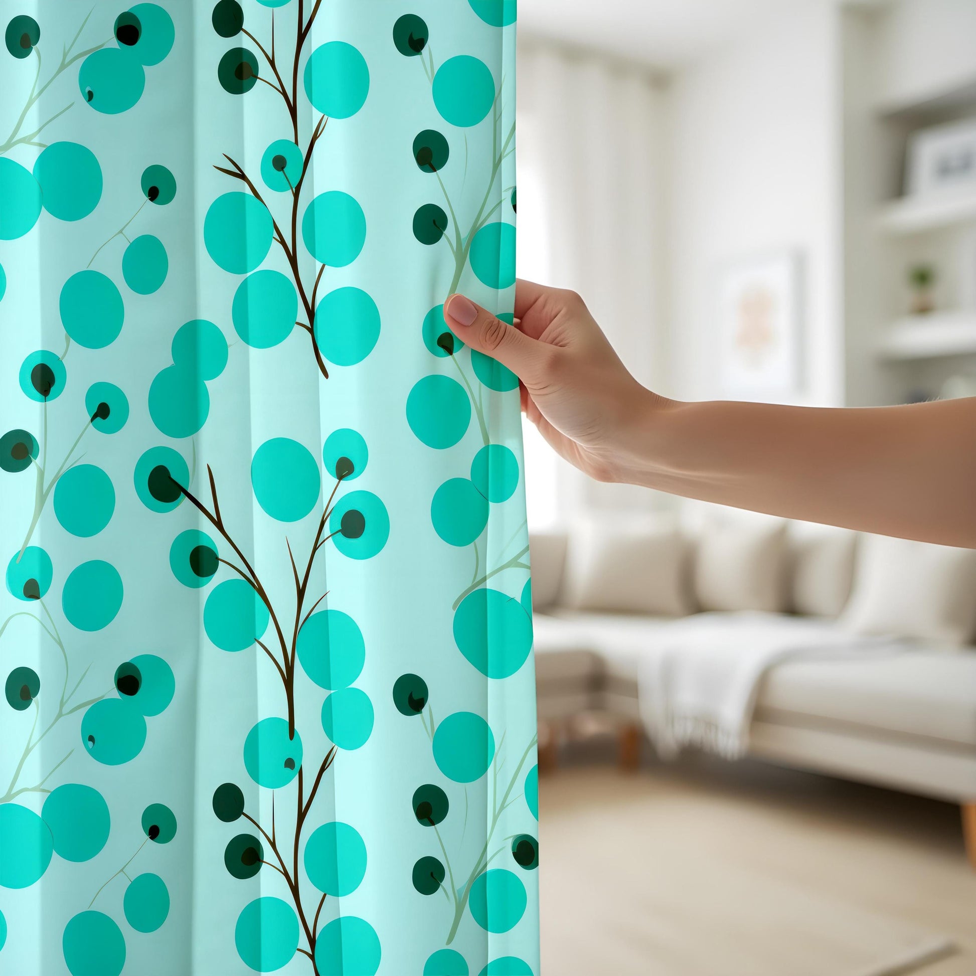 Onay Modern Teal Botanical Window Curtains – Abstract Berries Print