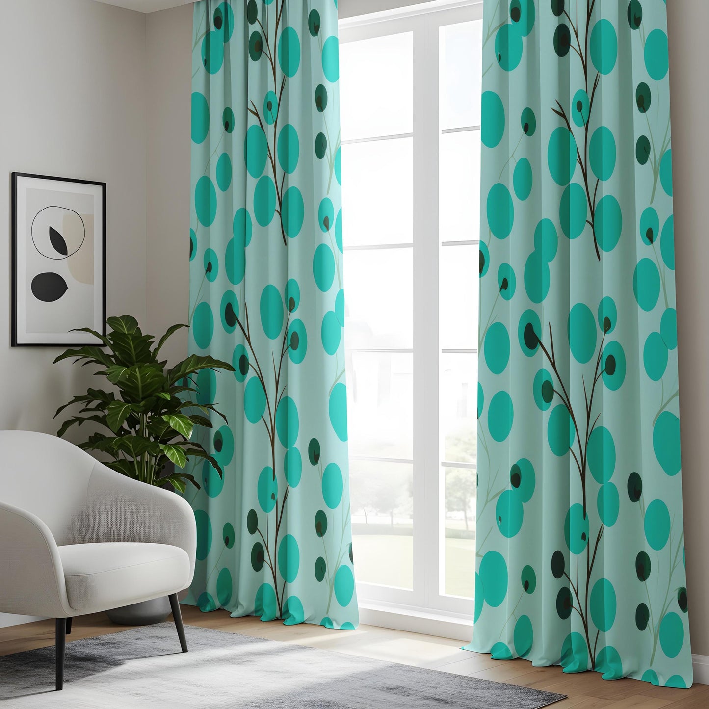 Onay Modern Teal Botanical Window Curtains – Abstract Berries Print
