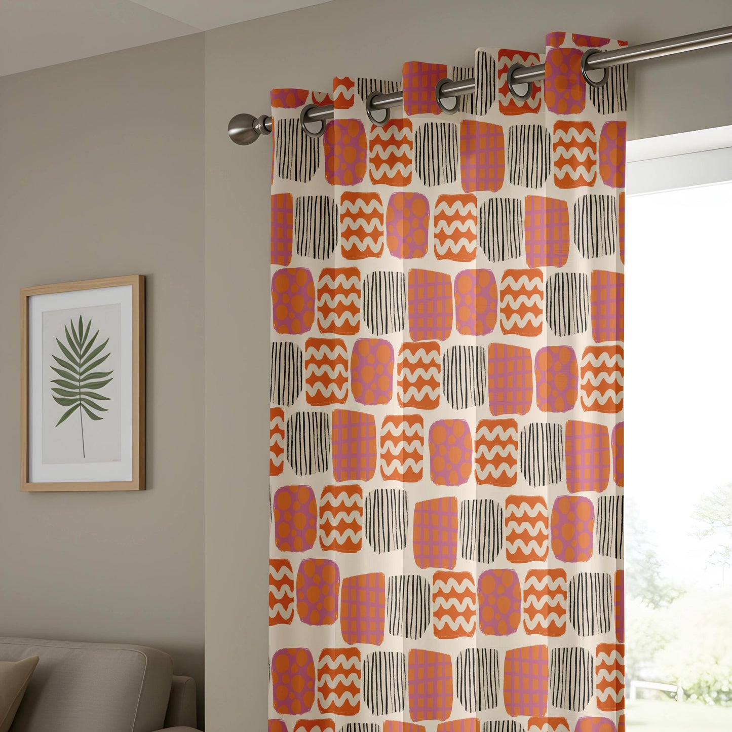 Onay Retro Geometric Curtains – Orange Purple Abstract Print Drapes