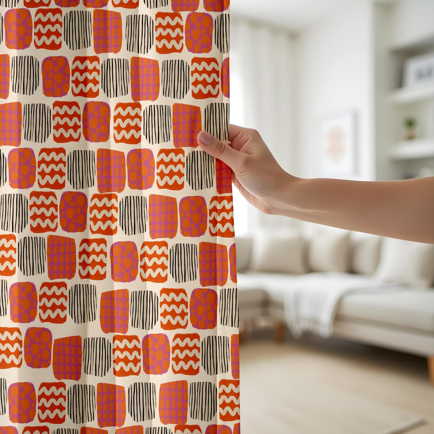 Onay Retro Geometric Curtains – Orange Purple Abstract Print Drapes