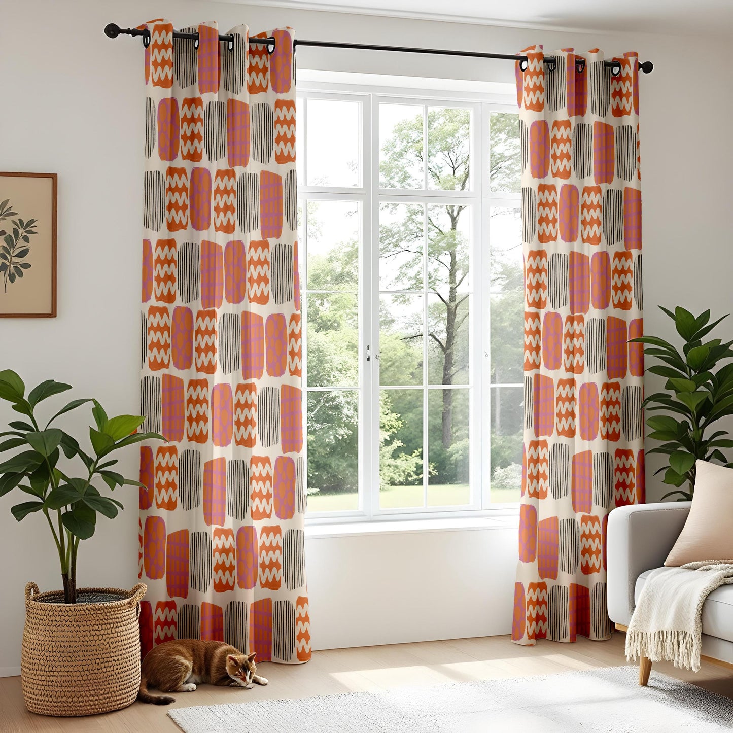 Onay Retro Geometric Curtains – Orange Purple Abstract Print Drapes