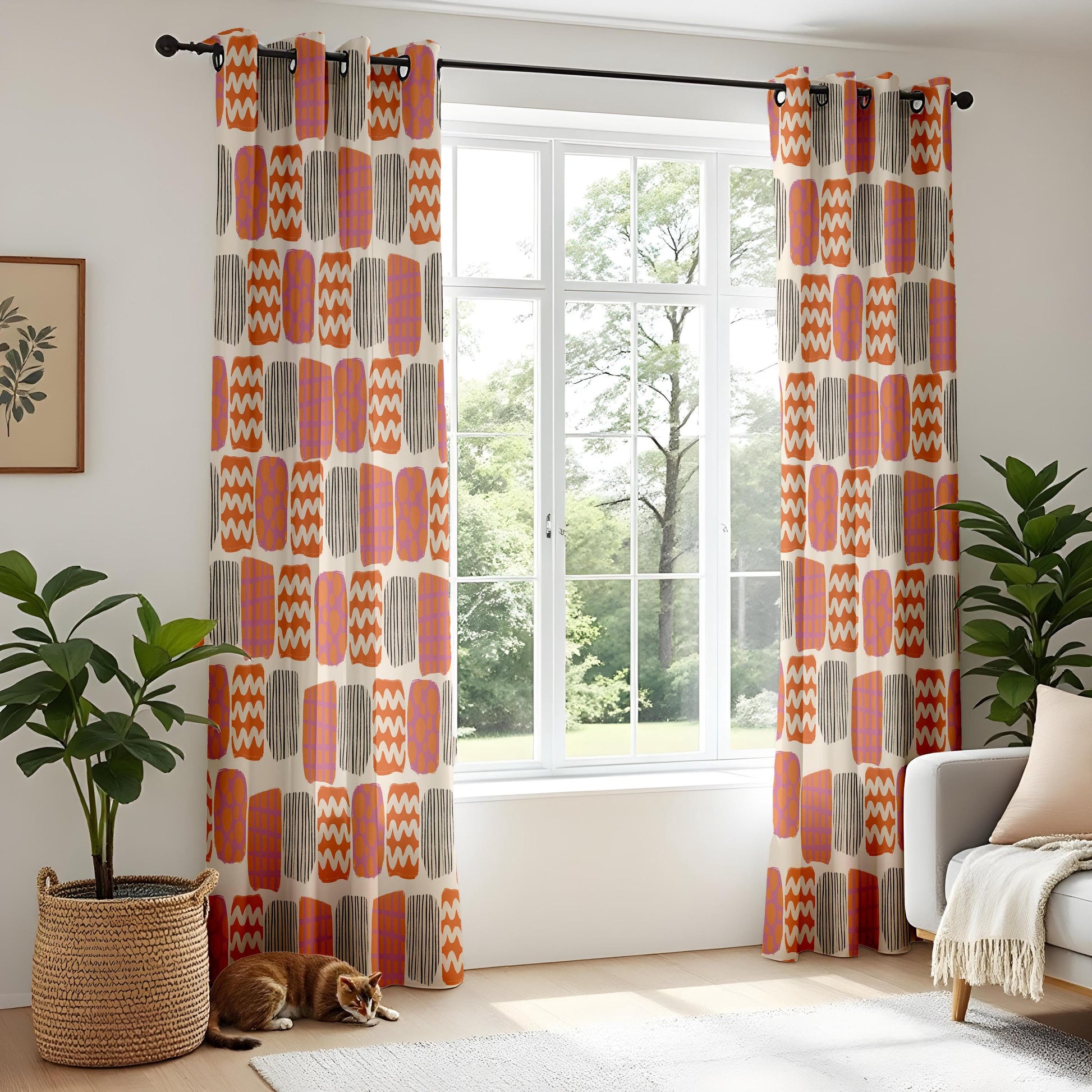 Onay Retro Geometric Curtains – Orange Purple Abstract Print Drapes