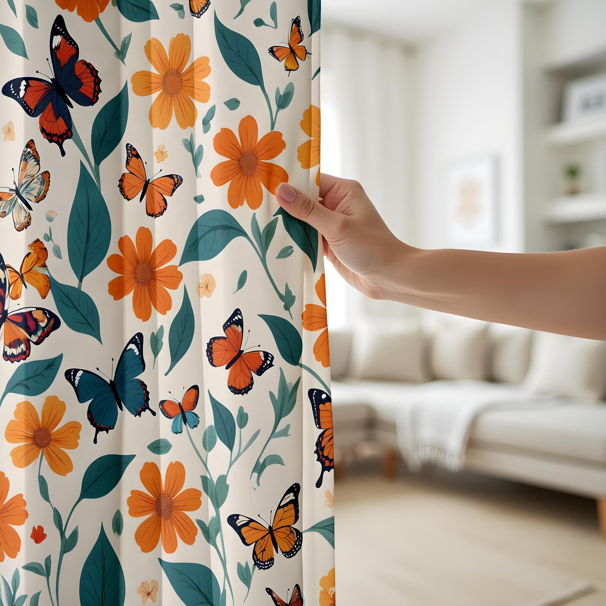 Onay Floral Butterfly Window Curtains – Orange Wildflower Drapes