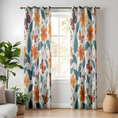 Onay Floral Butterfly Window Curtains – Orange Wildflower Drapes