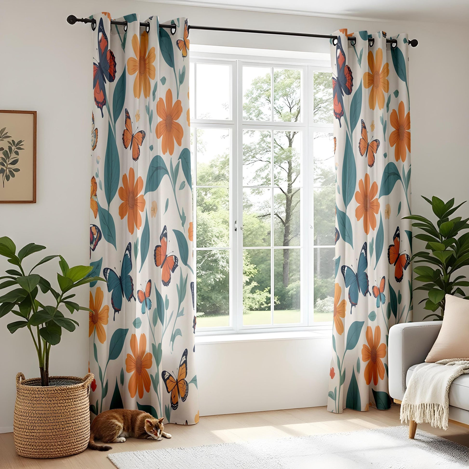 Onay Floral Butterfly Window Curtains – Orange Wildflower Drapes