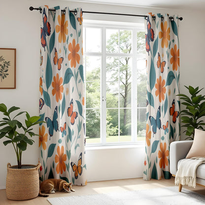 Onay Floral Butterfly Window Curtains – Orange Wildflower Drapes
