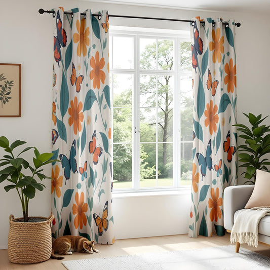 Onay Floral Butterfly Window Curtains – Orange Wildflower Drapes