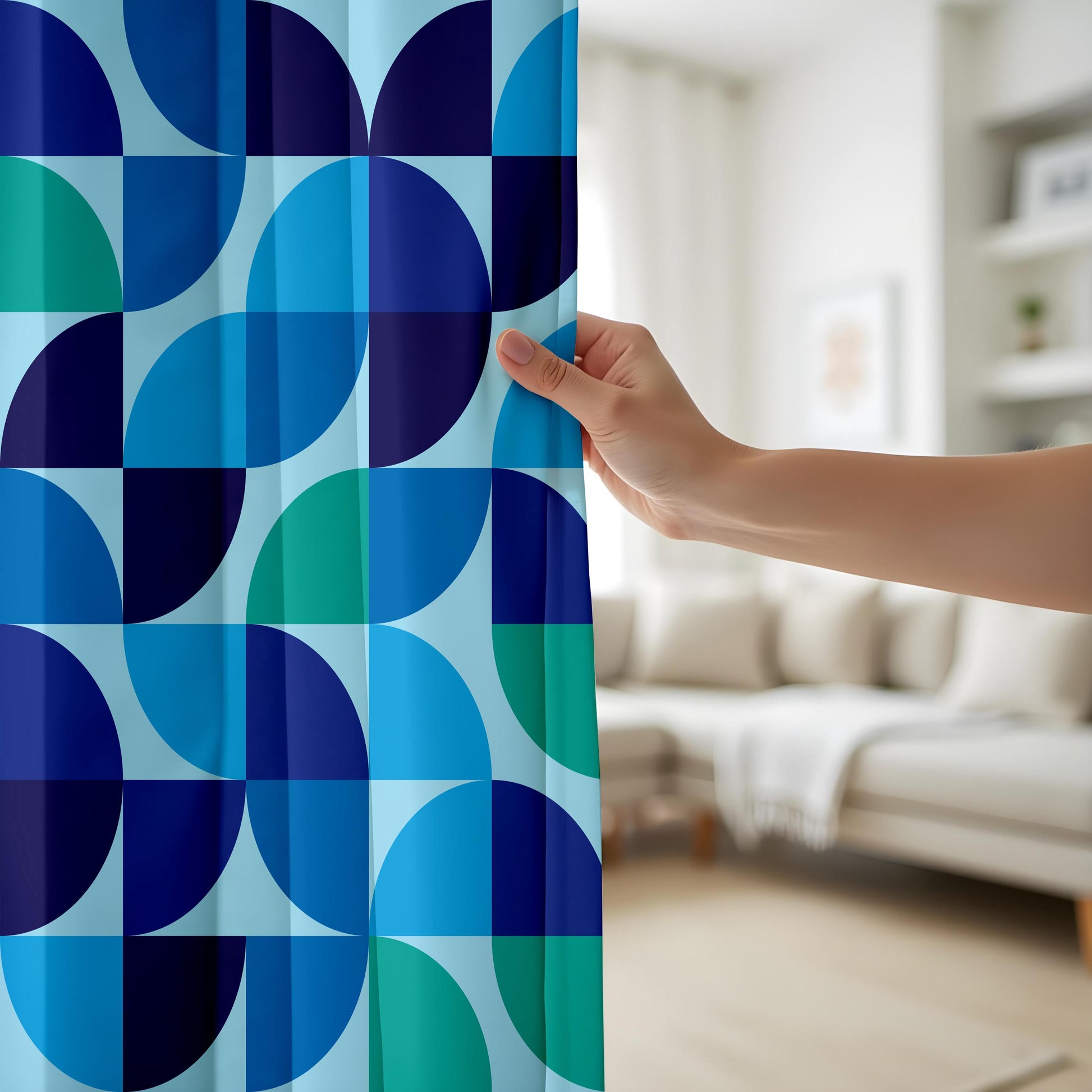 Onay Blue Geometric Abstract Curtains – Mid-Century Modern Style