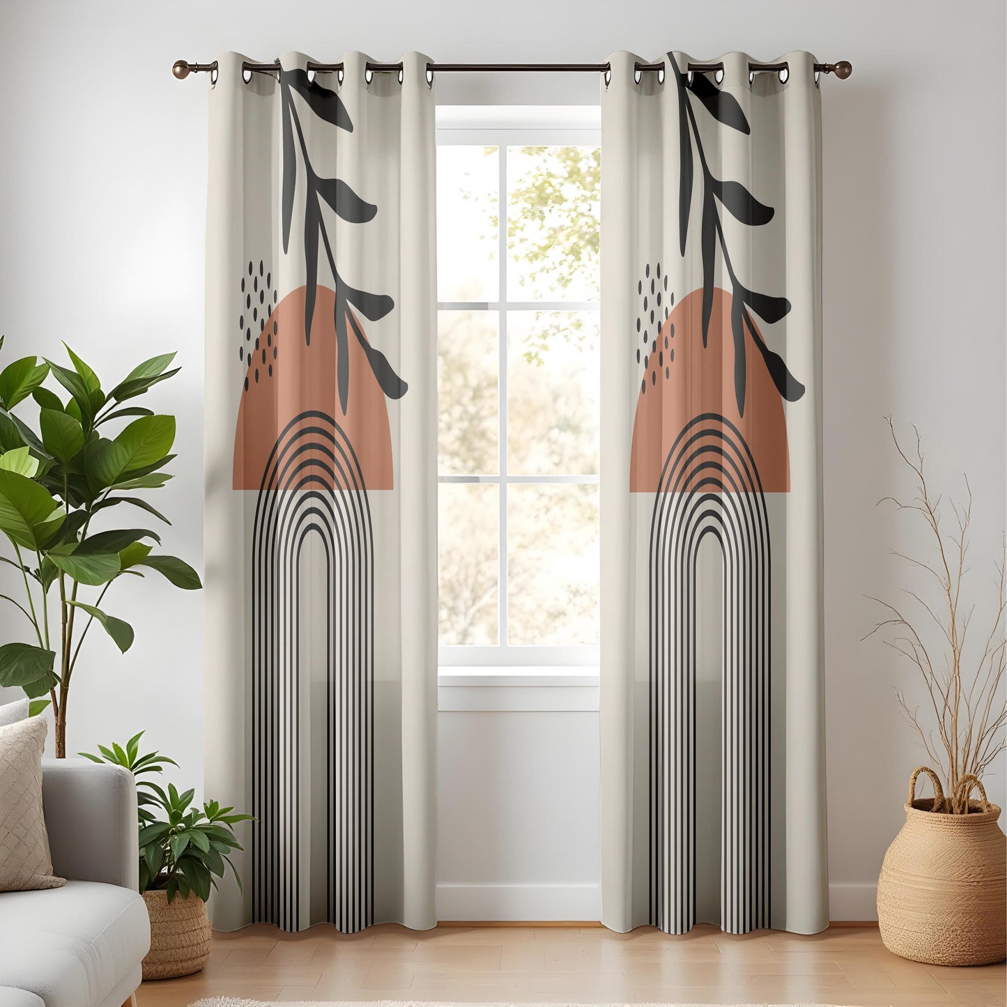 Onay Abstract Boho Leaf Curtains – Geometric Line Art Drapes