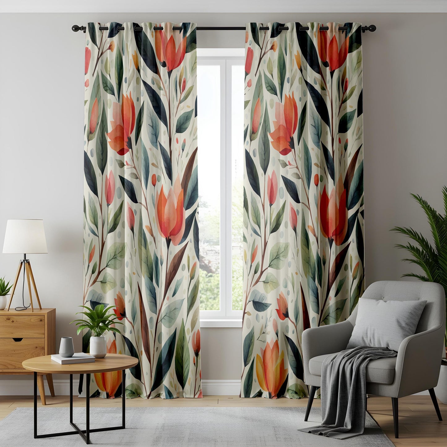 Onay Watercolor Floral Window Curtains – Rustic Botanical Print