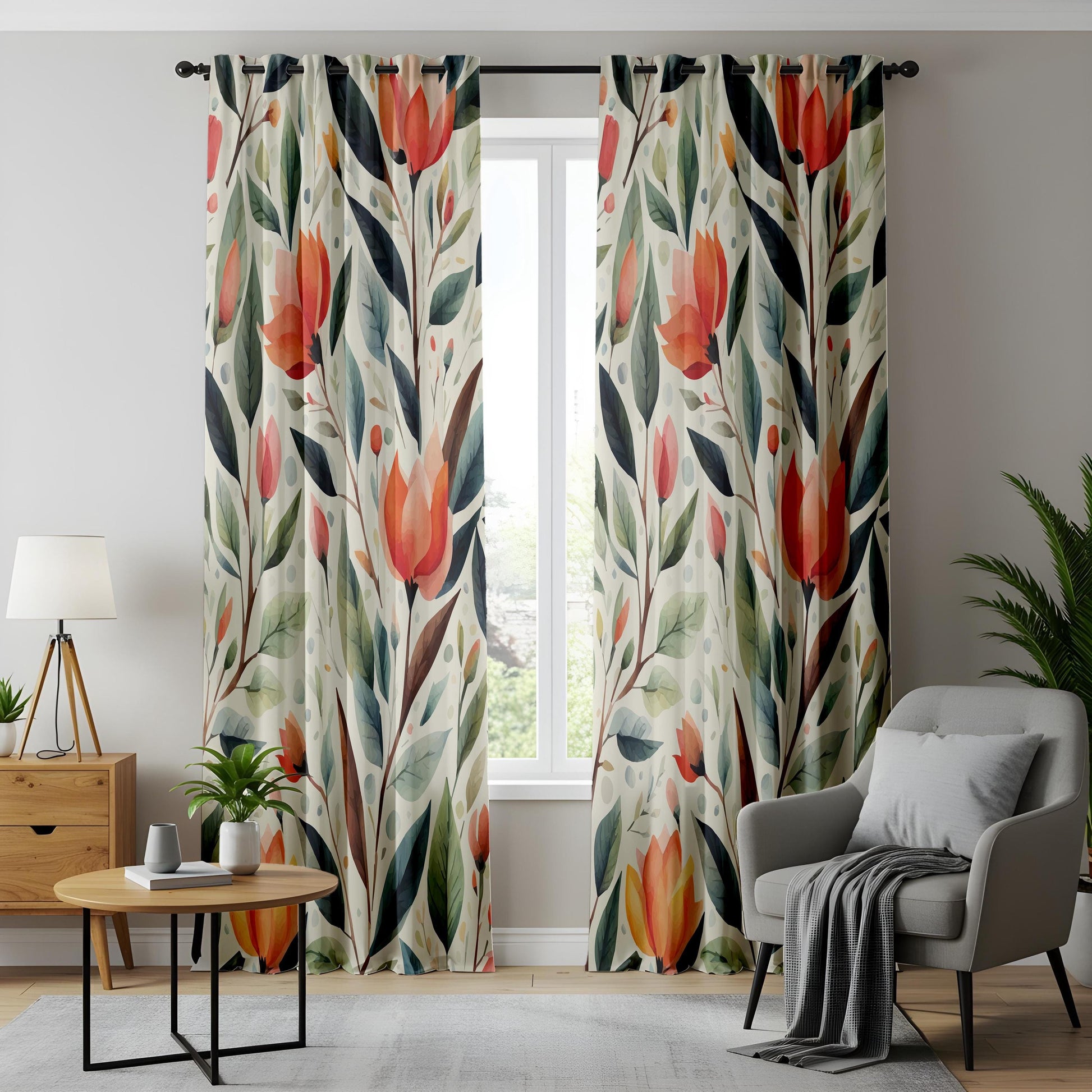 Onay Watercolor Floral Window Curtains – Rustic Botanical Print