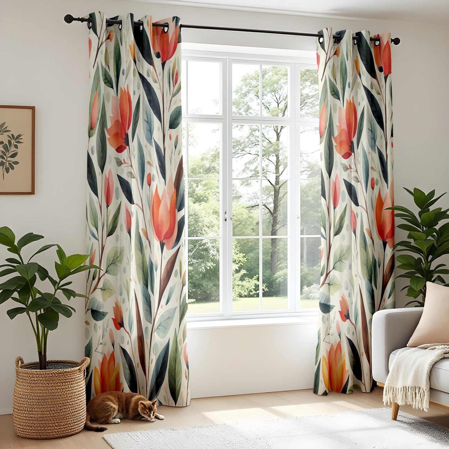Onay Watercolor Floral Window Curtains – Rustic Botanical Print
