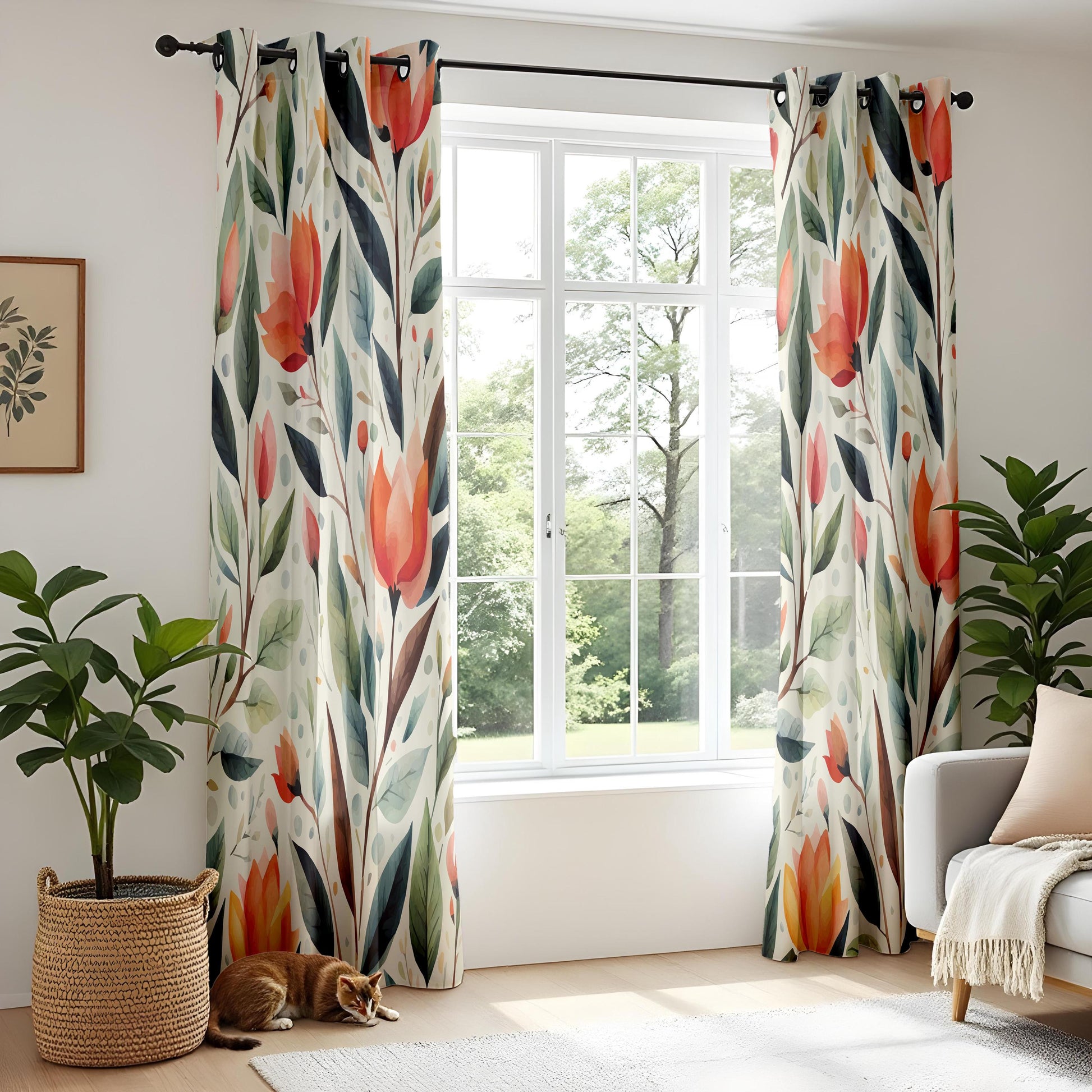 Onay Watercolor Floral Window Curtains – Rustic Botanical Print