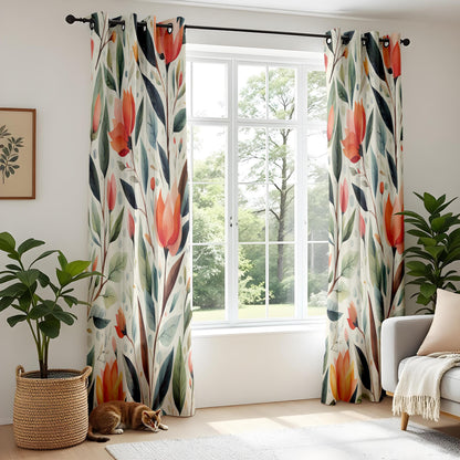Onay Watercolor Floral Window Curtains – Rustic Botanical Print