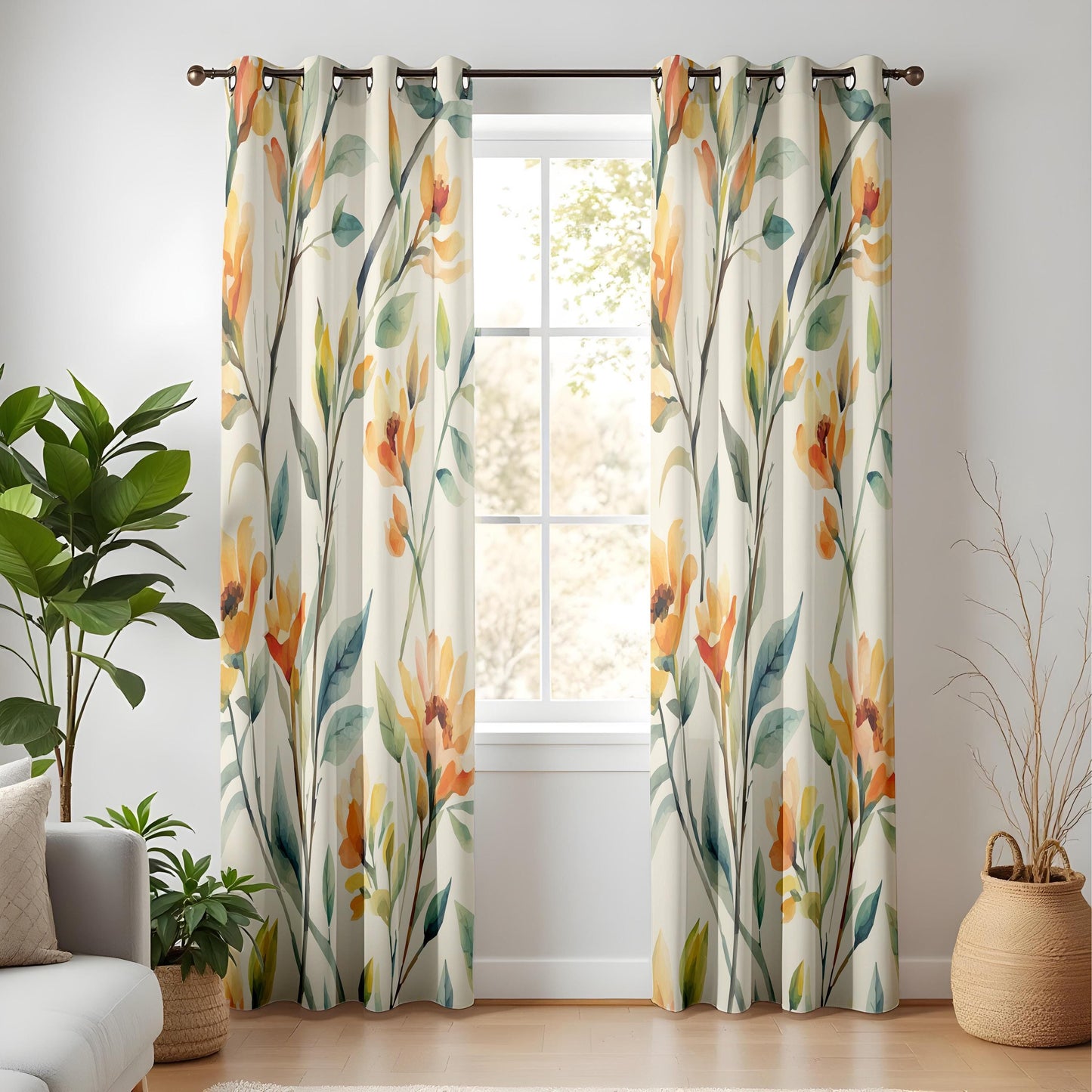 Onay Watercolor Floral Curtains – Red Orange Botanical Drapes
