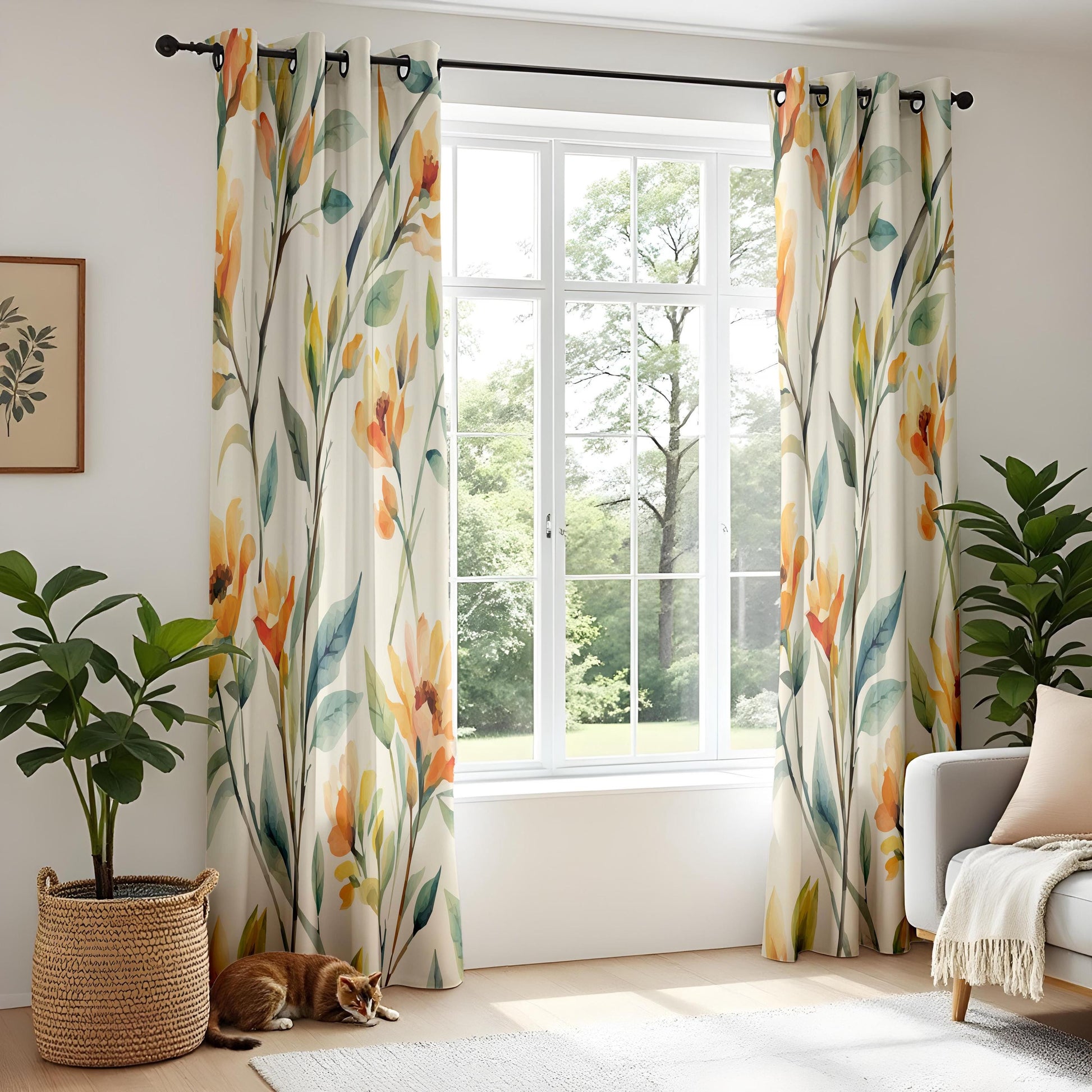 Onay Watercolor Floral Curtains – Red Orange Botanical Drapes