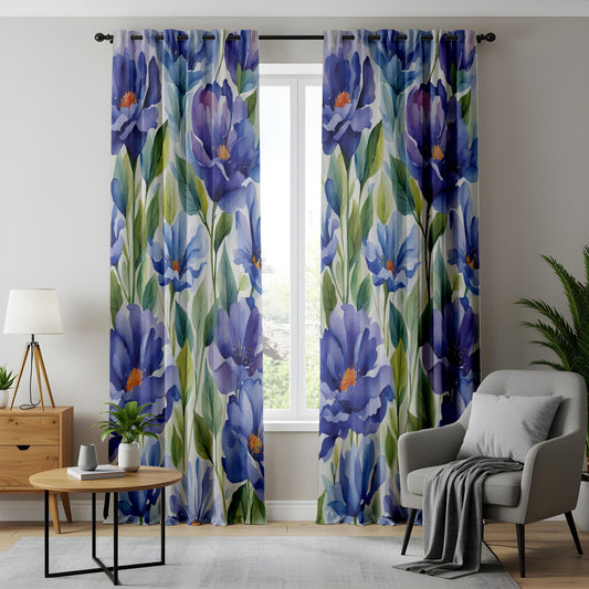 Blue Violet Floral Living Room Curtains, Watercolor Peony Inspired Drapes
